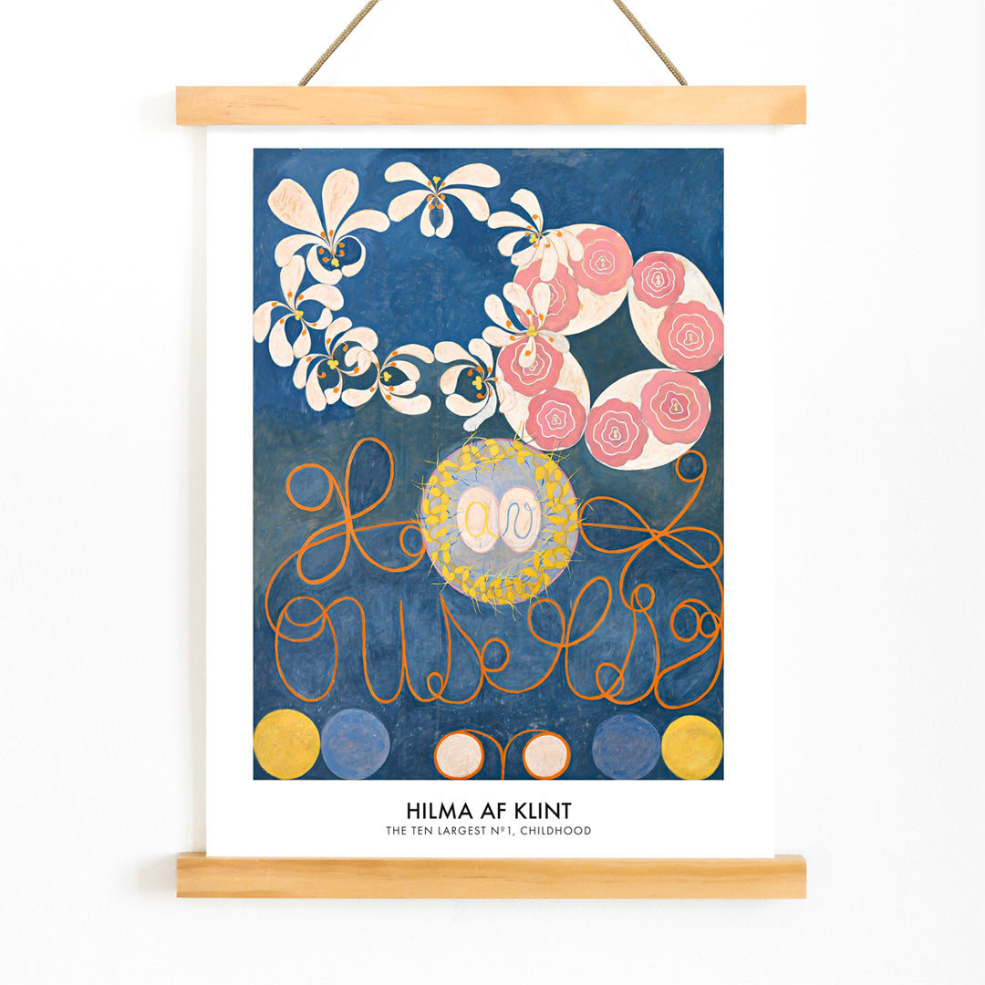 Abstract floral patterns and swirling shapes with vibrant colors on a blue background poster by Hilma af Klint Childhood Group IV, with wooden magnetic frame on white background