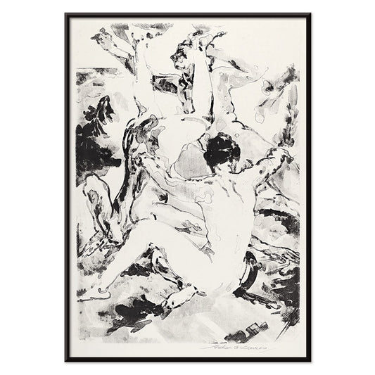 Three acrobats in dynamic abstract black and white style by Arthur Bowen Davies poster depicting figures in motion, with black aluminium frame on white background