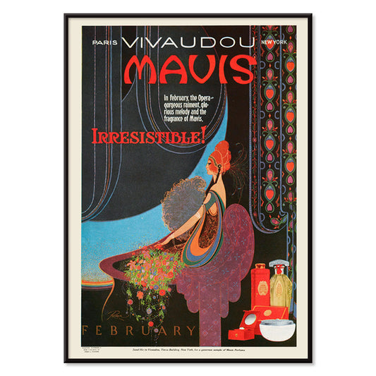 Elegant woman in art deco style with perfume bottles vibrant colors and wall decor poster for Mavis Irresistible by Fred L Parker, with black aluminium frame on white background