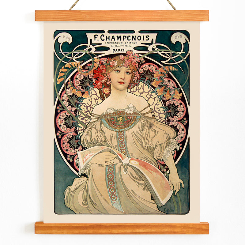 Art Nouveau poster by Alphonse Mucha featuring an elegant woman in a floral dress with flowers in her hair Affiche Champenois Imprimeur, with wooden magnetic frame on white background