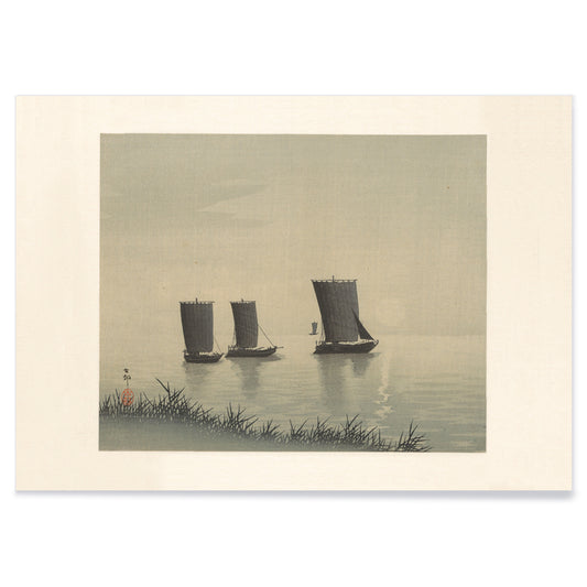 Serene Japanese art of three traditional fishing boats on calm water at sunset by Ohara Koson, with black aluminium frame on white background