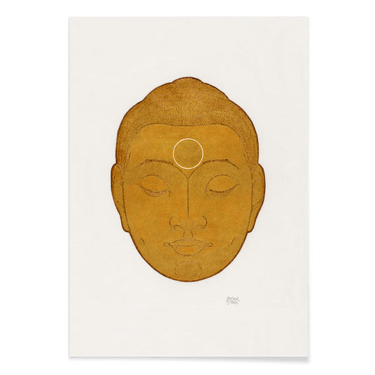Serene golden Buddha head artwork with closed eyes by Reijer Stolk titled Head of Buddha on white background, with black aluminium frame on white background