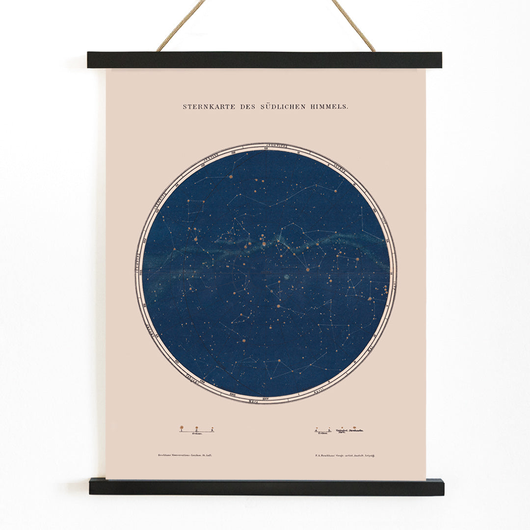 Carte des constellations star map and detailed constellation poster by The Institute of Liepzig southern sky artwork, with wooden magnetic frame on white background