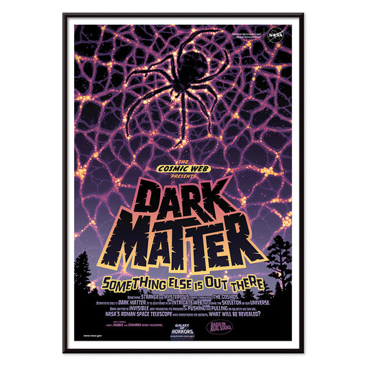 NASA Dark Matter poster featuring a cosmic web and spider silhouette with vibrant colors and text reading Dark Matter Something Else is Out There, with black aluminium frame on white background