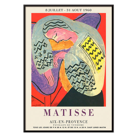 Henri Matisse The Dream exhibition poster at Aix en Provence featuring colorful abstract design with reclining figure, with black aluminium frame on white background