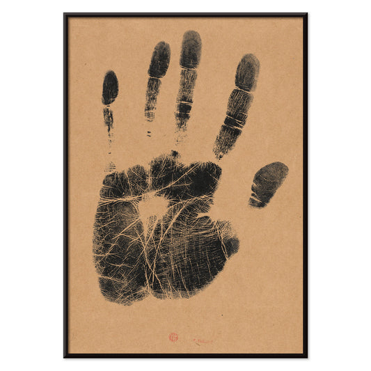 Black ink handprint artwork titled The Artists Left Hand by Henri Charles Guerard on beige background, with black aluminium frame on white background