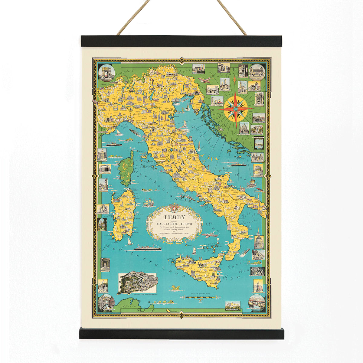 Map of Italy and Vatican City by Ernest Dudley Chase illustrated poster with colorful landmarks and detailed design, with wooden magnetic frame on white background