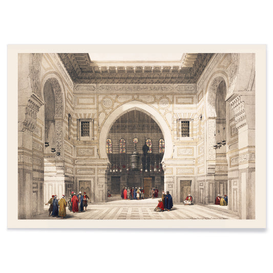 Elegant interior of Sultan the Ghoree mosque with figures and detailed architecture by David Roberts, with black aluminium frame on white background