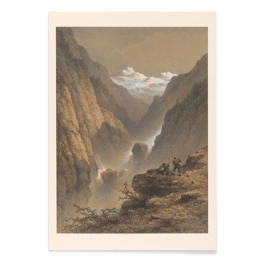 Two men hiking in dramatic mountain landscape poster by Johannes Hilverdink showing two guys in rocky mountains artwork, with black aluminium frame on white background