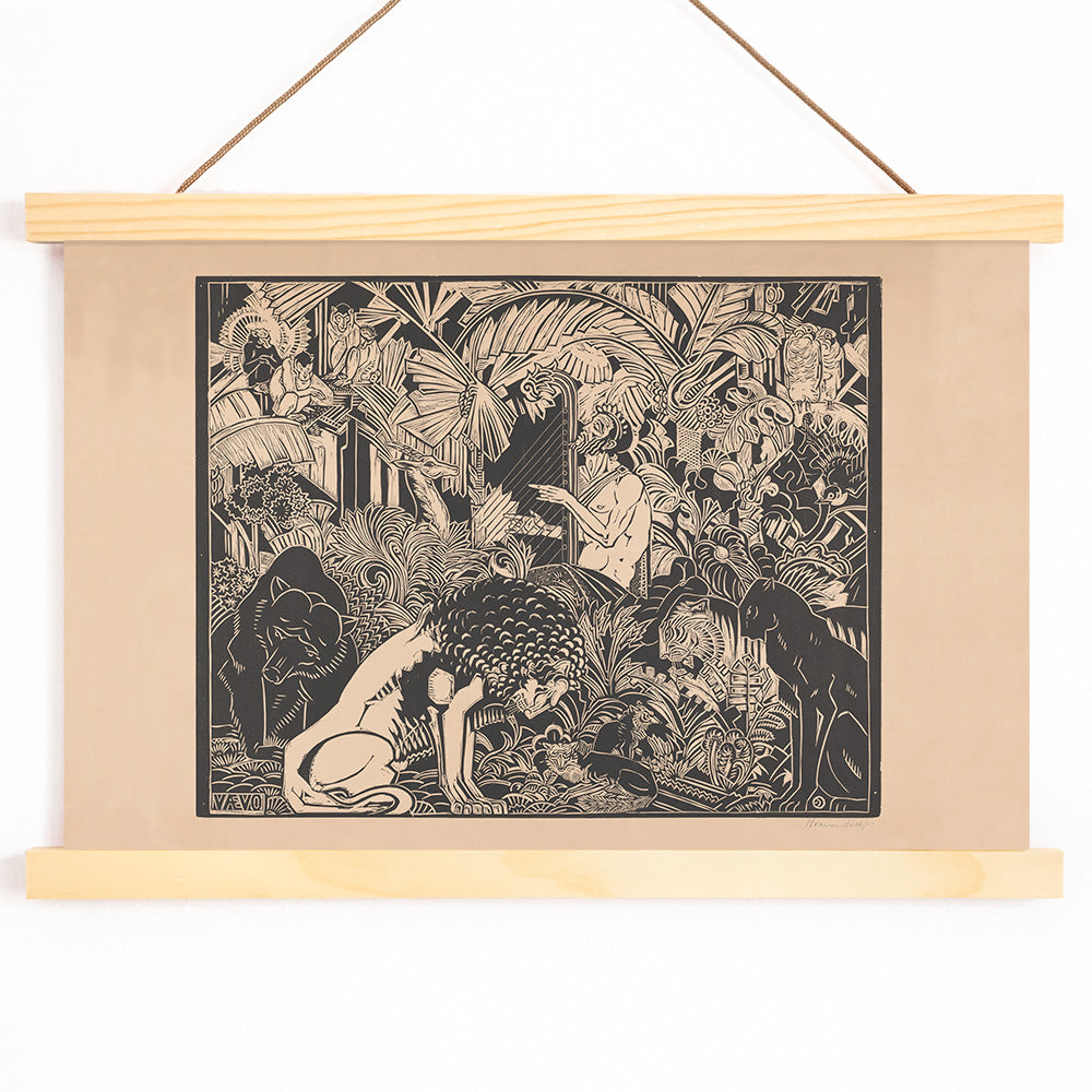 Orpheus playing harp surrounded by animals in lush jungle artwork by Henri van der Stok poster, with wooden magnetic frame on white background
