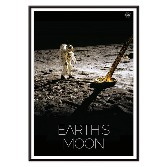Astronaut on the lunar surface with text Earths Moon Man on Moon 2 by NASA poster, with black aluminium frame on white background