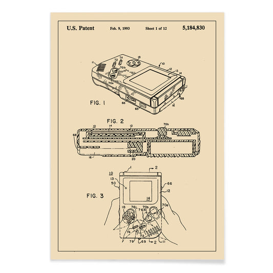 Gameboy Patent technical drawing and poster artwork by Nintendo ideal for gaming decor and collectors, with black aluminium frame on white background