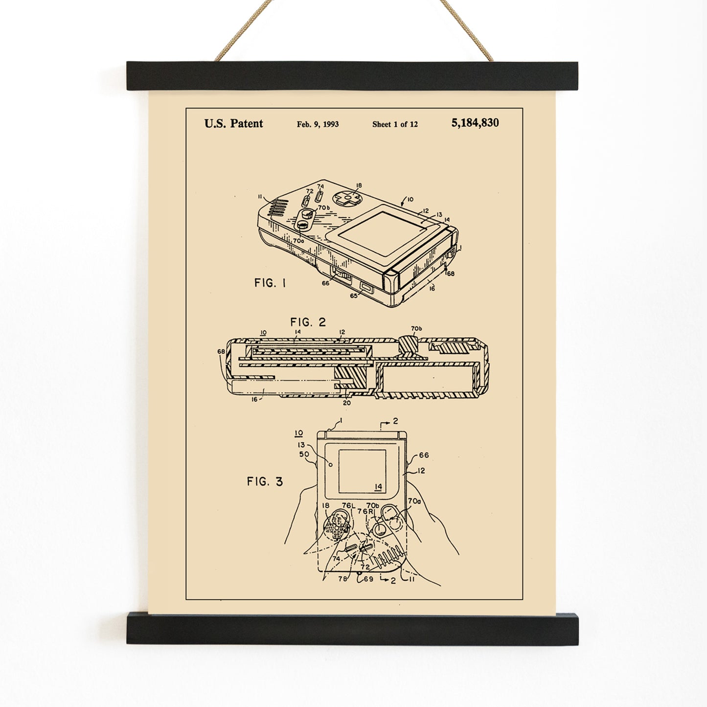 Gameboy Patent technical drawing and poster artwork by Nintendo ideal for gaming decor and collectors, with wooden magnetic frame on white background