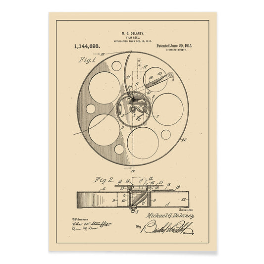 Vintage film reel patent illustration and schematic artwork by M G Delaney for wall art decor, with black aluminium frame on white background