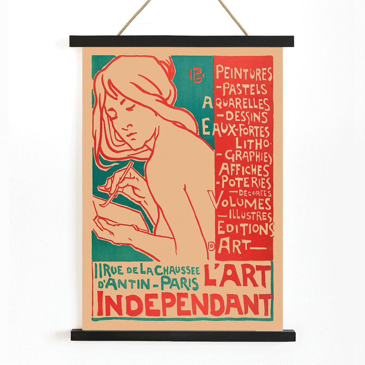 Art Nouveau poster of a woman drawing by Emile Berchmans titled L Art Independant advertising various art forms Paris, with wooden magnetic frame on white background