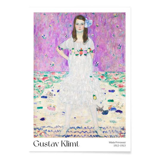 Mada Primavesi by Gustav Klimt poster featuring a young girl in a white dress with a colorful floral background, with black aluminium frame on white background