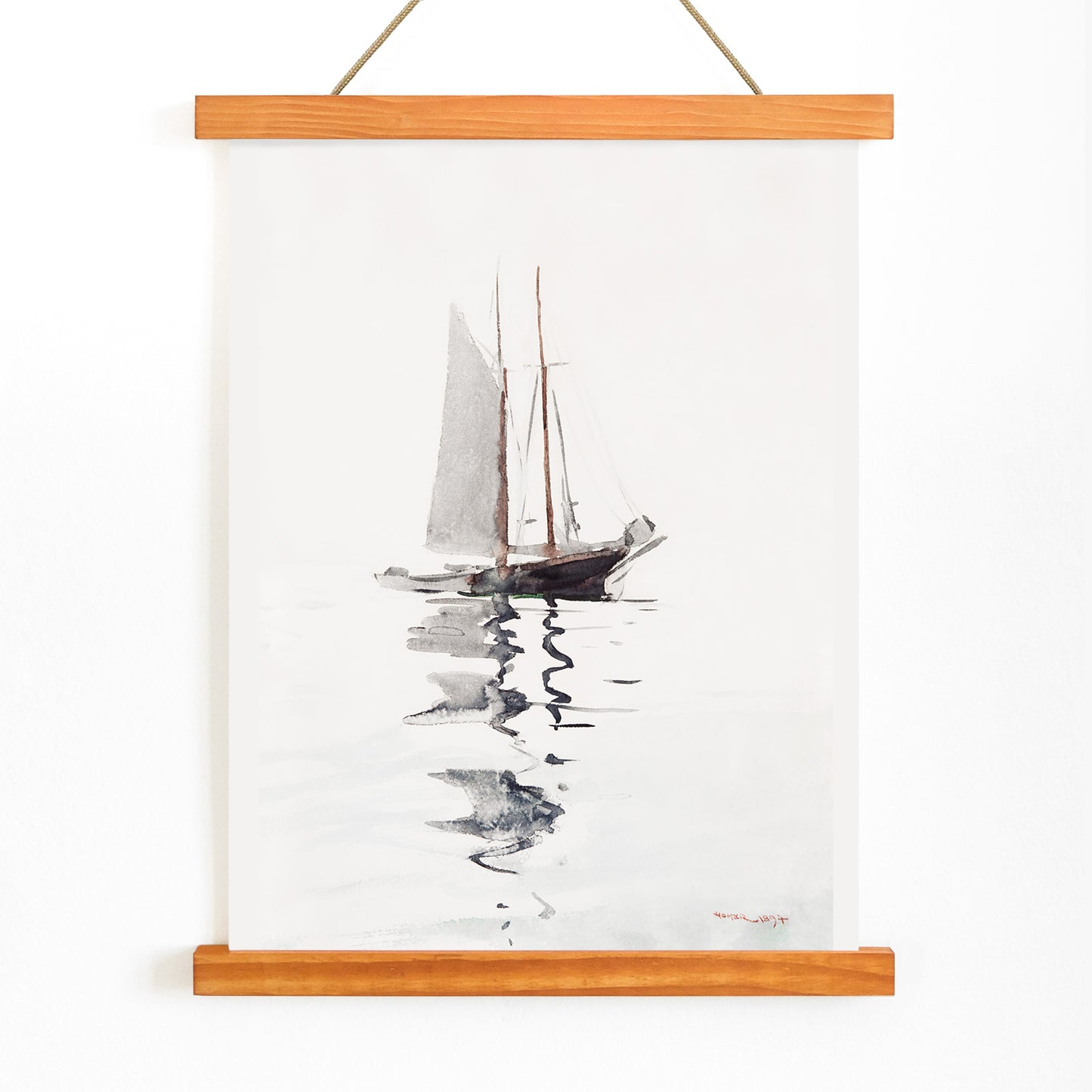 Watercolor painting and poster of a two masted schooner with dory on calm water in watercolor style by Winslow Homer, with wooden magnetic frame on white background