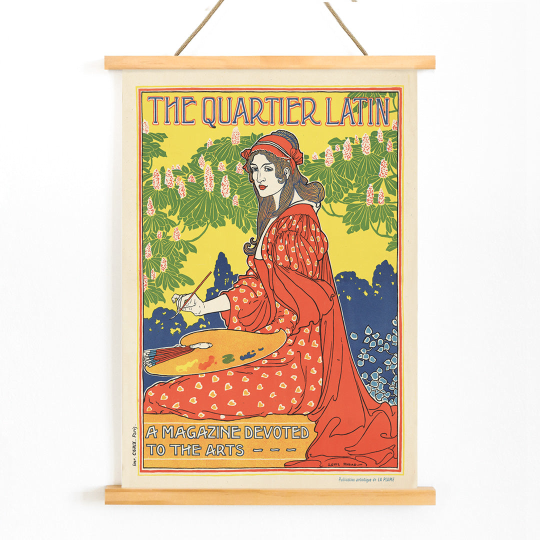 Art Nouveau poster The Quartier Latin by Louis Rhead showing a woman artist in a red dress painting with floral background and vibrant outdoor colors, with wooden magnetic frame on white background