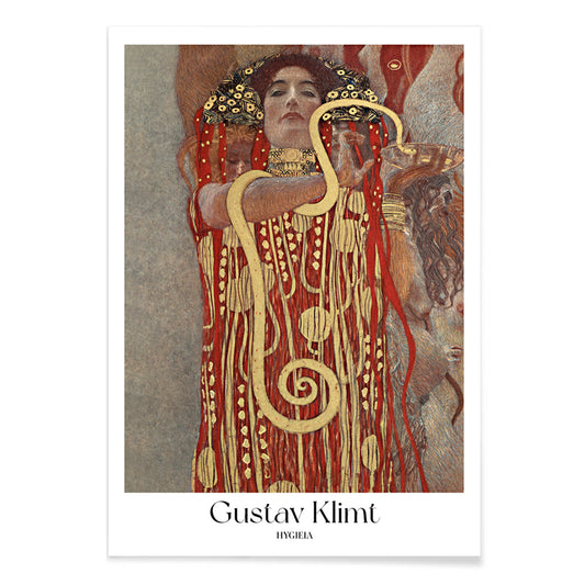 Hygieia by Gustav Klimt woman in ornate red and gold robe holding a snake art poster, with black aluminium frame on white background