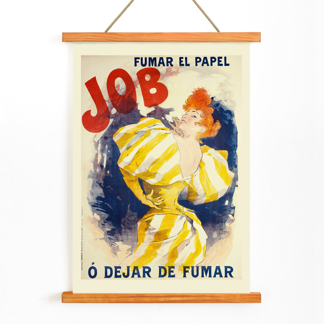 Vintage poster of a woman in a yellow striped dress with red hair advertising Fumar El Papel Job O Dejar De Fumar cigarette papers by Jules Cheret, with wooden magnetic frame on white background
