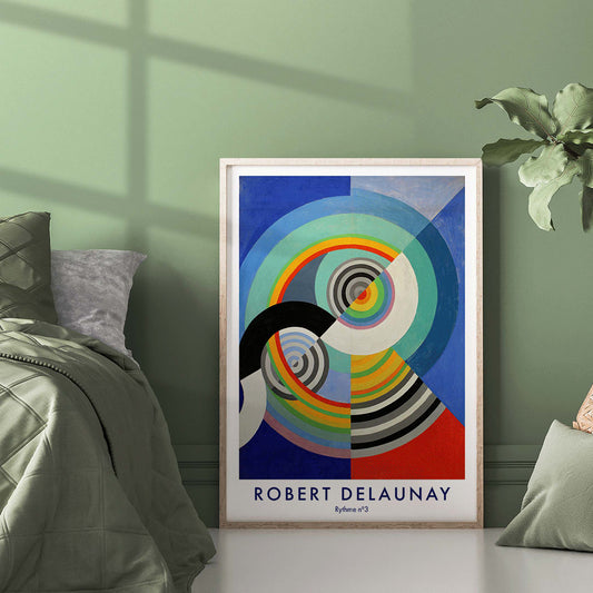 Abstract colorful concentric circles painting and poster inspired by Rythme n3 by Robert Delaunay featuring circular shapes for art lovers and collectors, framed and displayed in home decor