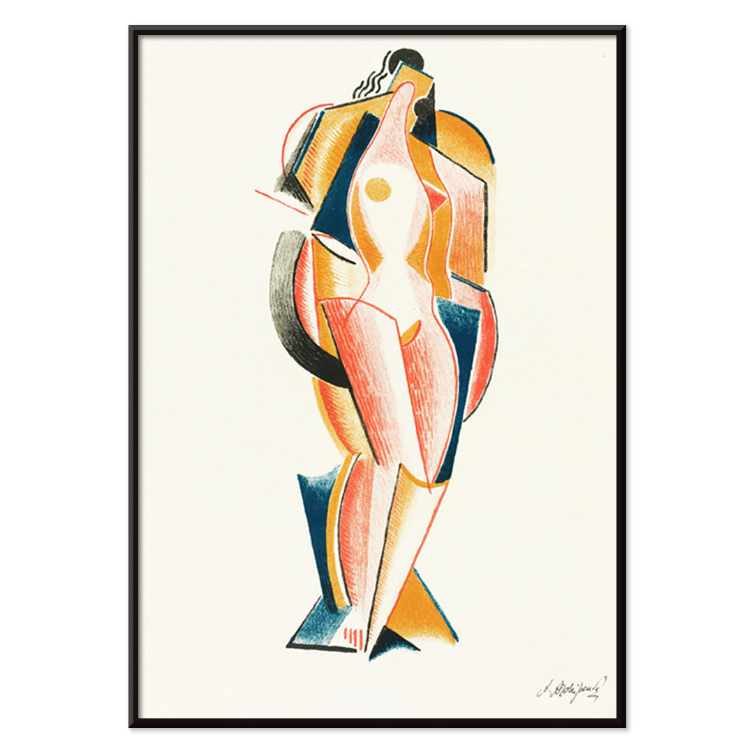 Abstract Nude by Auguste Rodin cubist style nude figure artwork poster for wall decor, with black aluminium frame on white background