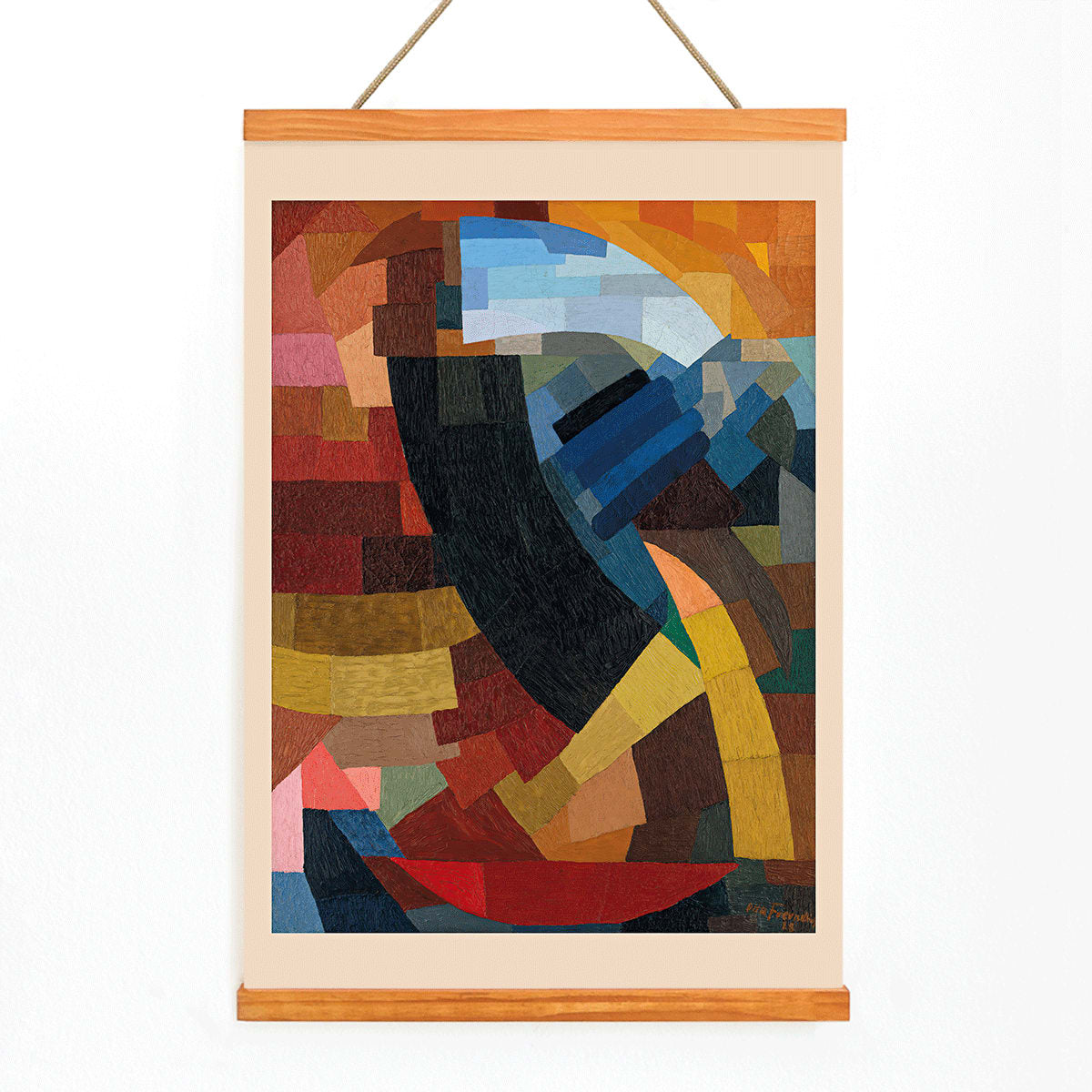 Abstract geometric composition and poster with vibrant colors and shapes from Fragments de figure a l ensemble des plans by Otto Freundlich, with wooden magnetic frame on white background