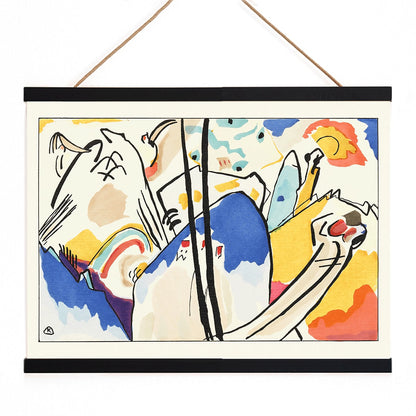 Abstract art Der Blaue Reiter by Wassily Kandinsky featuring vibrant colors dynamic shapes and geometric forms, with wooden magnetic frame on white background