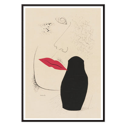 Abstract minimalist portrait with red lips and black silhouette modern art poster by Mikulas Galanda titled Desire, with black aluminium frame on white background