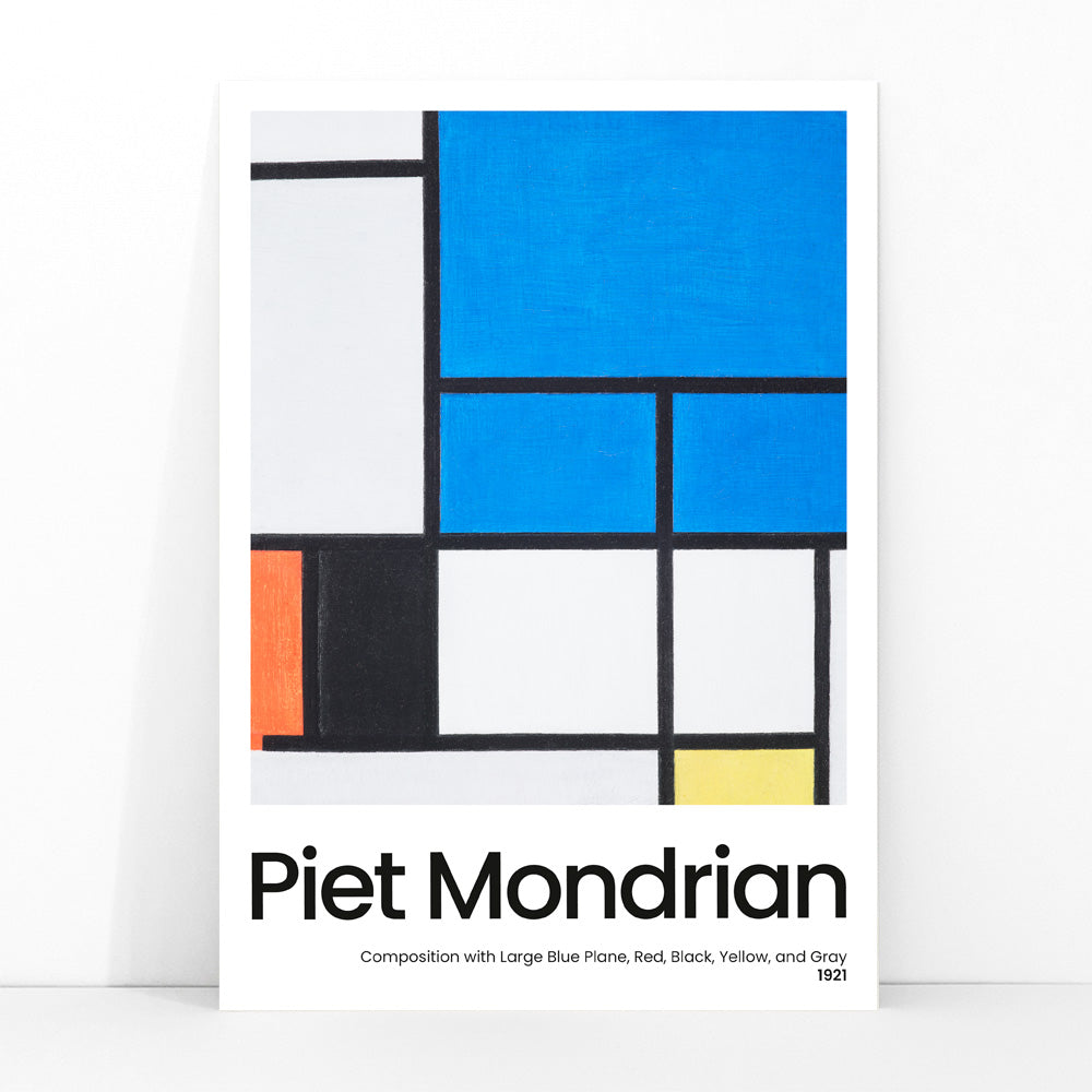 Abstract geometric painting and poster featuring Composition with Large Blue Plane Red Black Yellow and Gray by Piet Mondrian, framed and displayed in modern living room decor