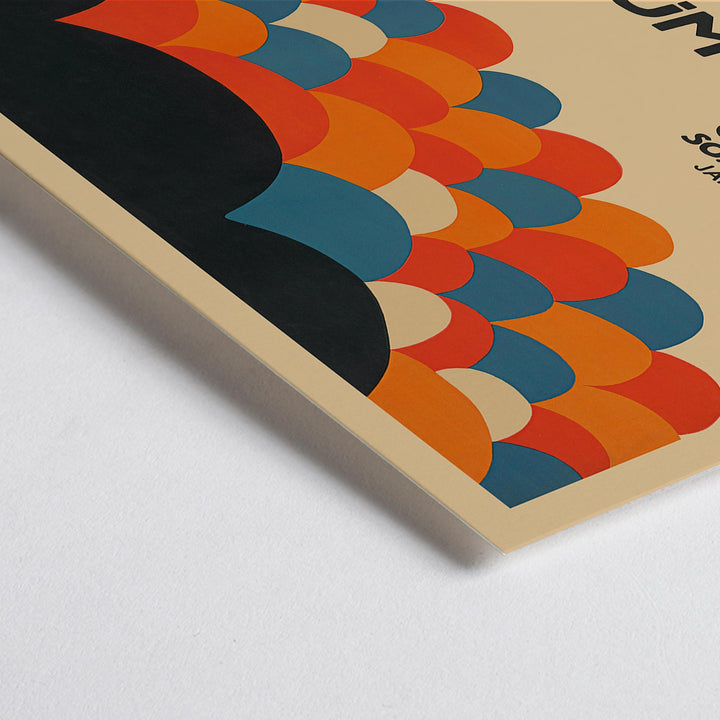 Closeup detail of Poster by Julius Klinger for Costüm-Verleih Germania with red blue orange and black abstract circles and bold typography