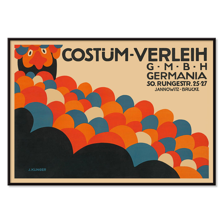 Poster by Julius Klinger for Costüm-Verleih Germania with red blue orange and black abstract circles and bold typography, with black aluminium frame on white background