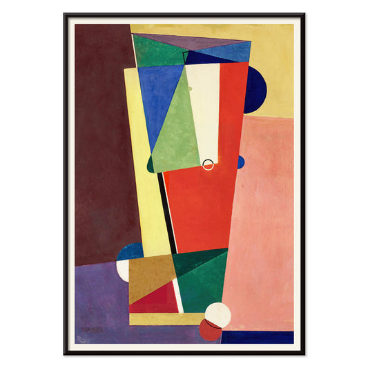 Abstract geometric shapes in vibrant colors inspired by Georges Valmier modern wall art poster suitable for contemporary decor, with black aluminium frame on white background