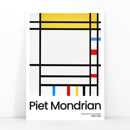 Abstract geometric painting Place de la Concorde by Piet Mondrian with bold black lines and blocks of red yellow and blue primary colors poster, framed and displayed in modern living room decor