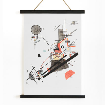 Abstract geometric art poster with intersecting lines and shapes in black red and yellow Fröhlicher Aufstieg by Wassily Kandinsky, with wooden magnetic frame on white background