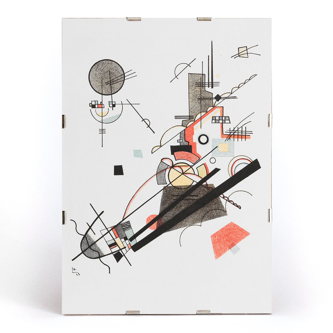 Abstract geometric art poster with intersecting lines and shapes in black red and yellow Fröhlicher Aufstieg by Wassily Kandinsky, framed and displayed in modern living room decor