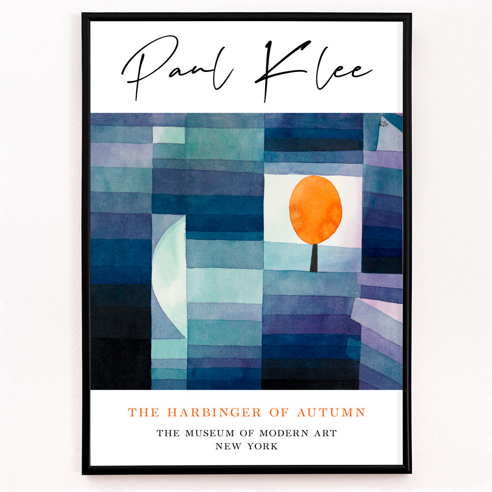 Closeup detail of Geometric abstract landscape with vibrant orange tree by Paul Klee from The Harbinger of Autumn poster for wall decor