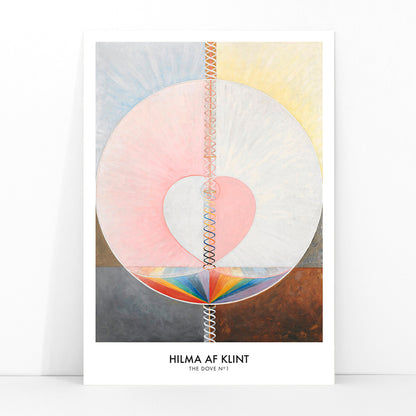 Abstract geometric spiritual art poster with pastel colors and shapes from The Dove by Hilma af Klint modern wall decor, framed and displayed in modern living room decor