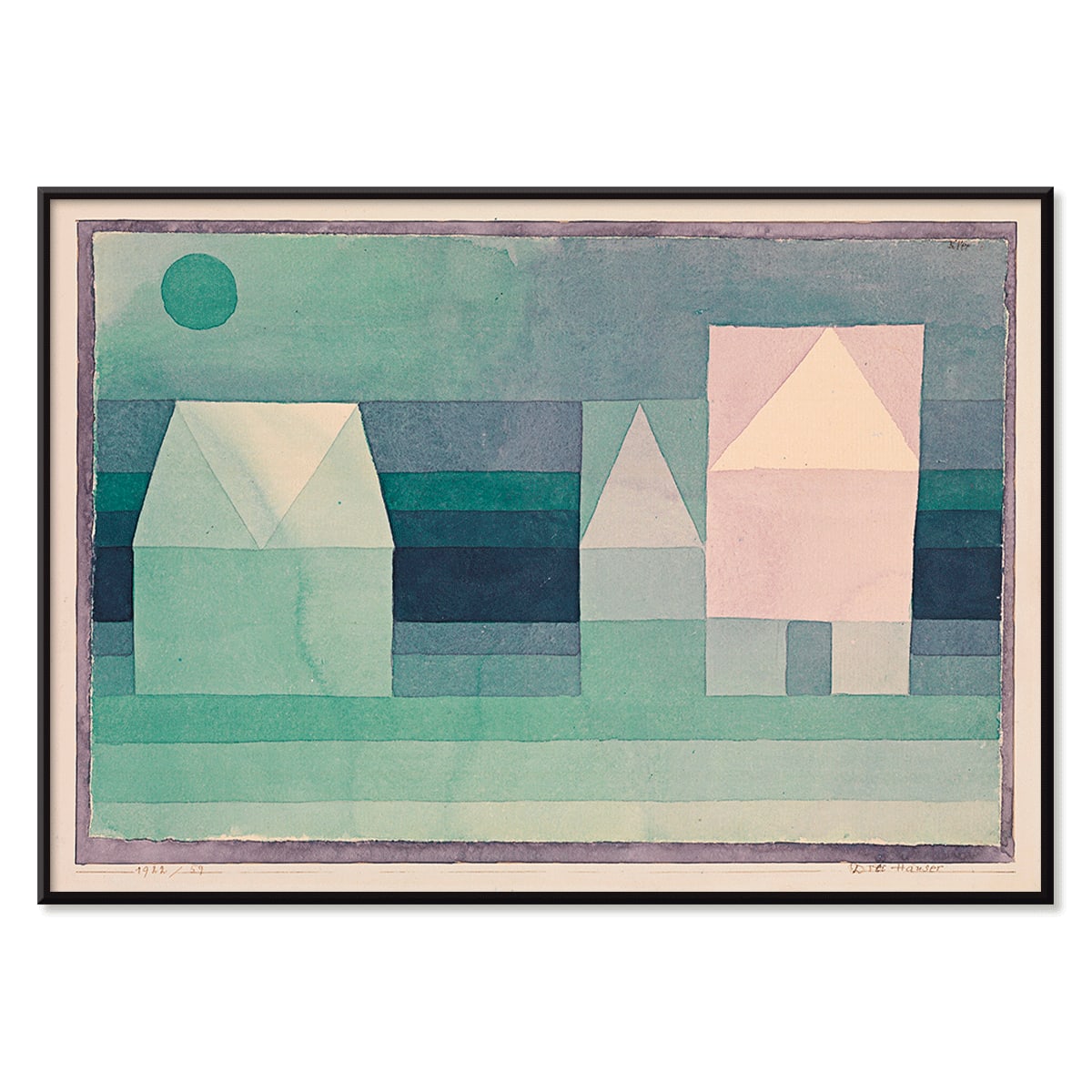 Abstract geometric houses in pastel green colors artwork by Paul Klee titled Three Houses poster featuring geometric house shapes, with black aluminium frame on white background
