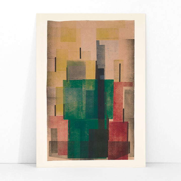Abstract geometric poster with overlapping green red and yellow rectangular shapes by Hendrik Nicolaas Werkman titled Rectangular Surfaces, framed and displayed in modern living room decor