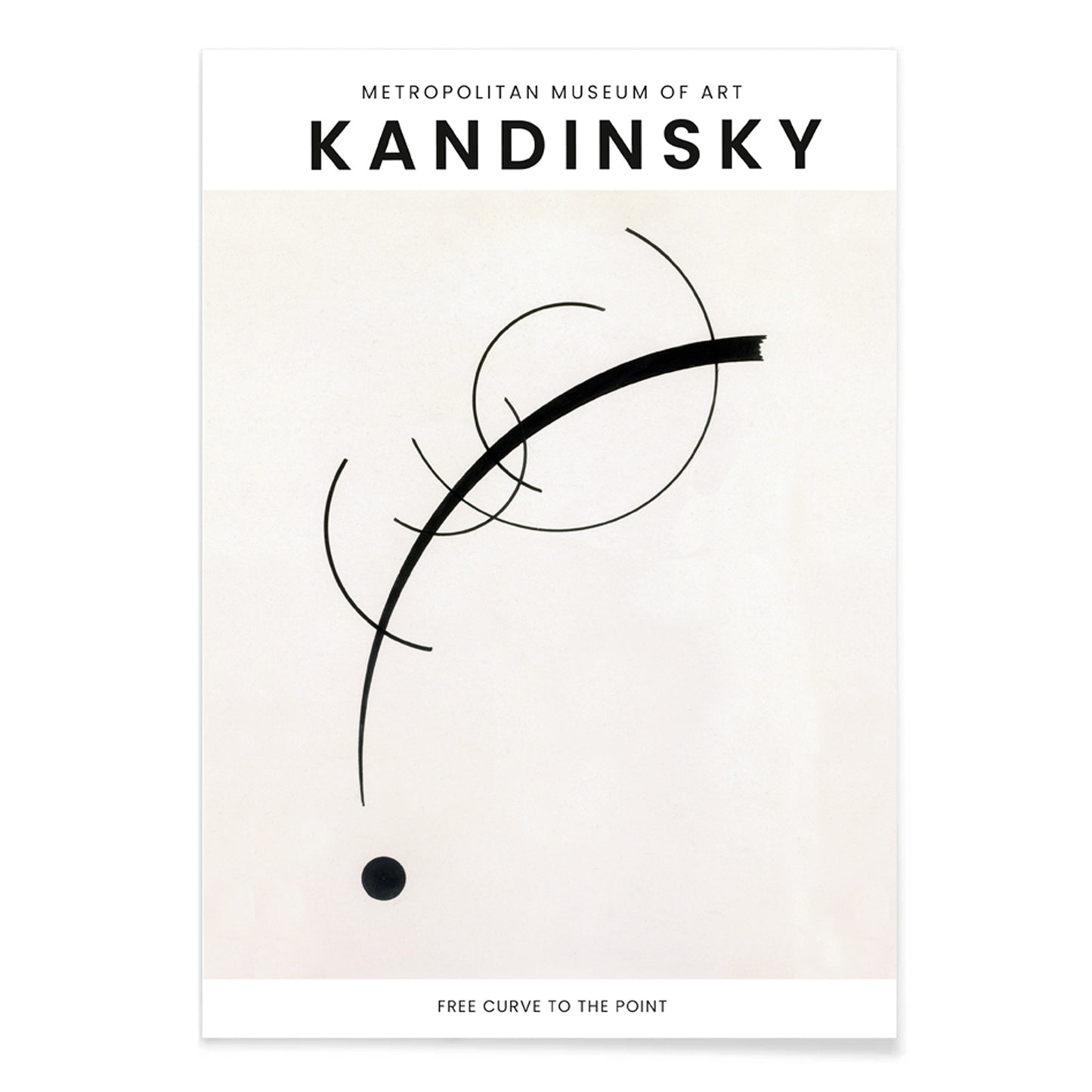 Abstract black geometric curves and circle with dot on white background poster Free Curve to the Point by Wassily Kandinsky, with black aluminium frame on white background