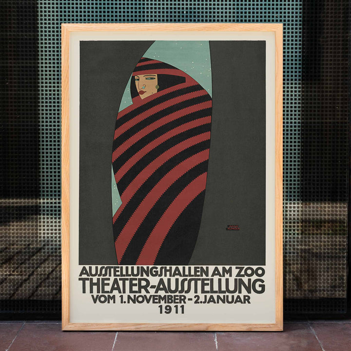 Julius Klinger Theater exhibition at the zoo poster with red and black striped figure on teal background, framed and displayed in home decor
