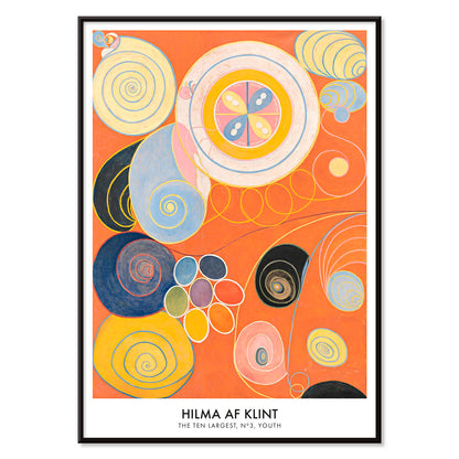 Abstract colorful spirals and organic shapes on vibrant orange background from The Ten Largest Youth by Hilma af Klint, with black aluminium frame on white background