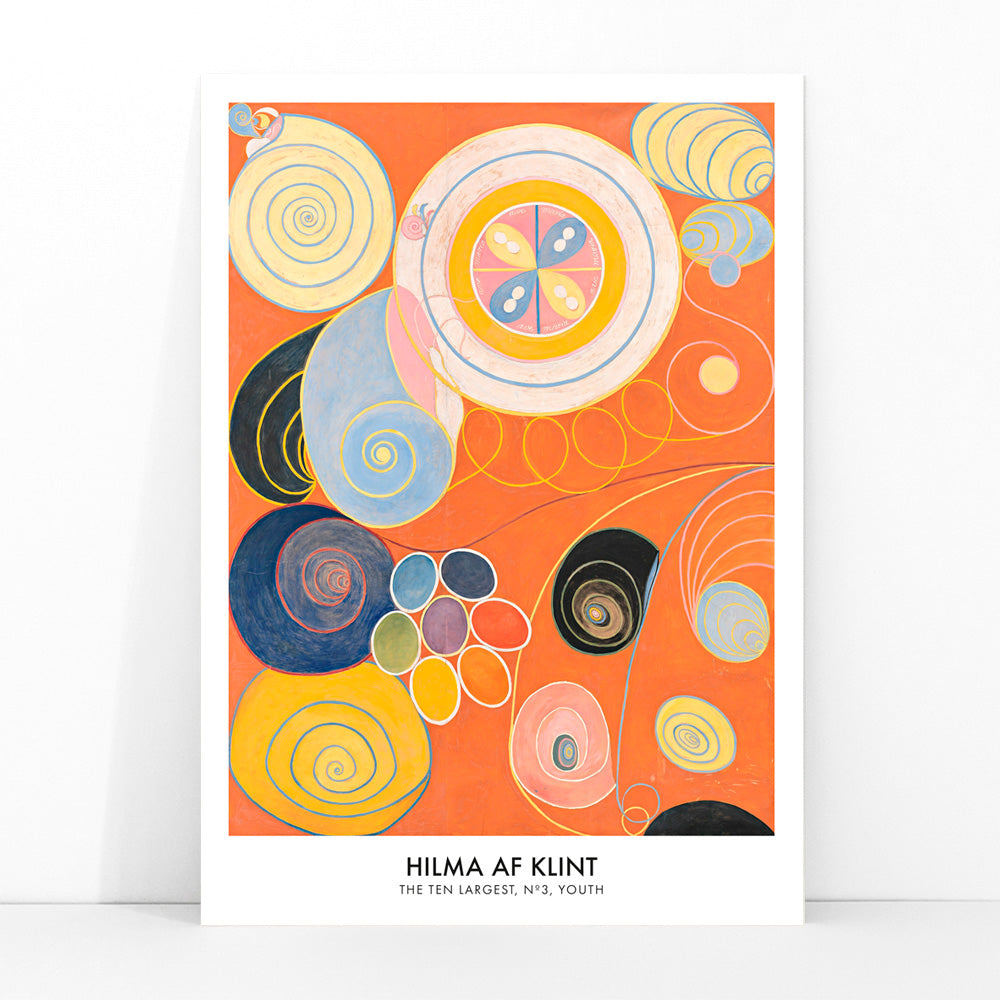 Abstract colorful spirals and organic shapes on vibrant orange background from The Ten Largest Youth by Hilma af Klint, framed and displayed in modern living room decor