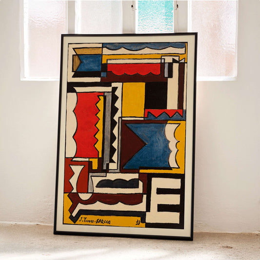 Abstract geometric painting and poster by Joaquin Torres-Garcia titled Structure with Shapes, framed and displayed in home decor