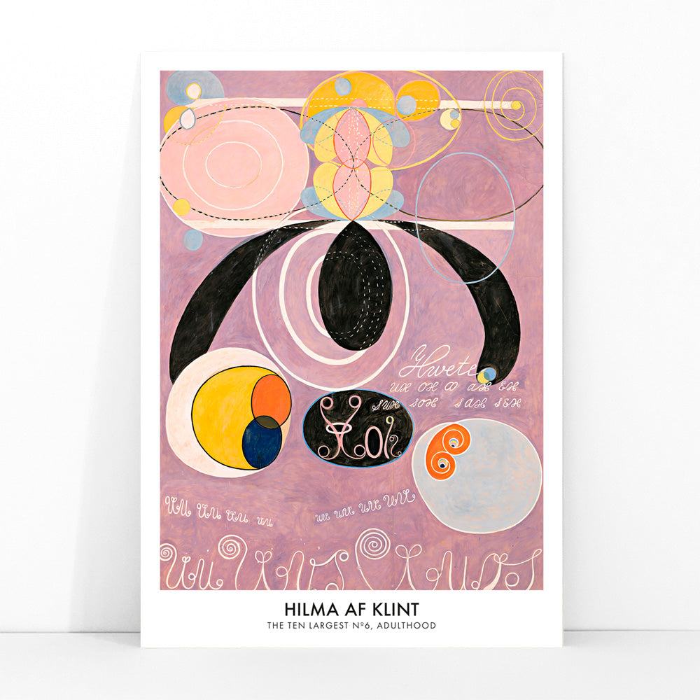Abstract colorful pastel shapes and spirals artwork from The Ten Largest No 6 by Hilma af Klint poster, framed and displayed in modern living room decor