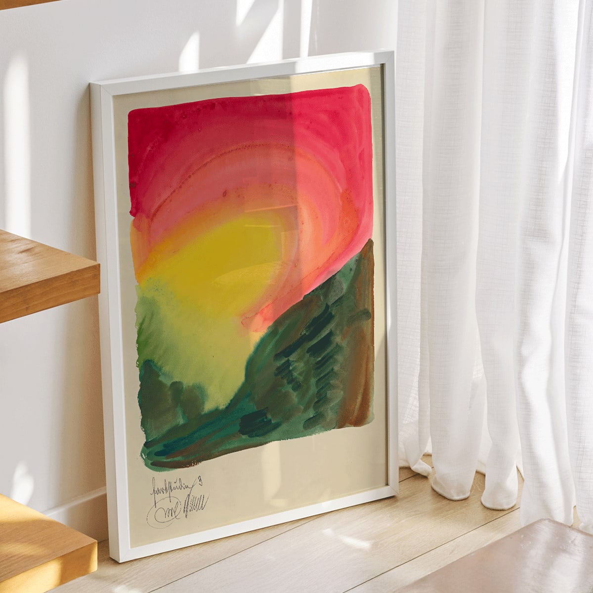 Abstract colorful landscape painting poster with vibrant red yellow and green tones abstract art Farbstudien 10 Blaetter III by Karl Wiener, framed and displayed in modern living room decor