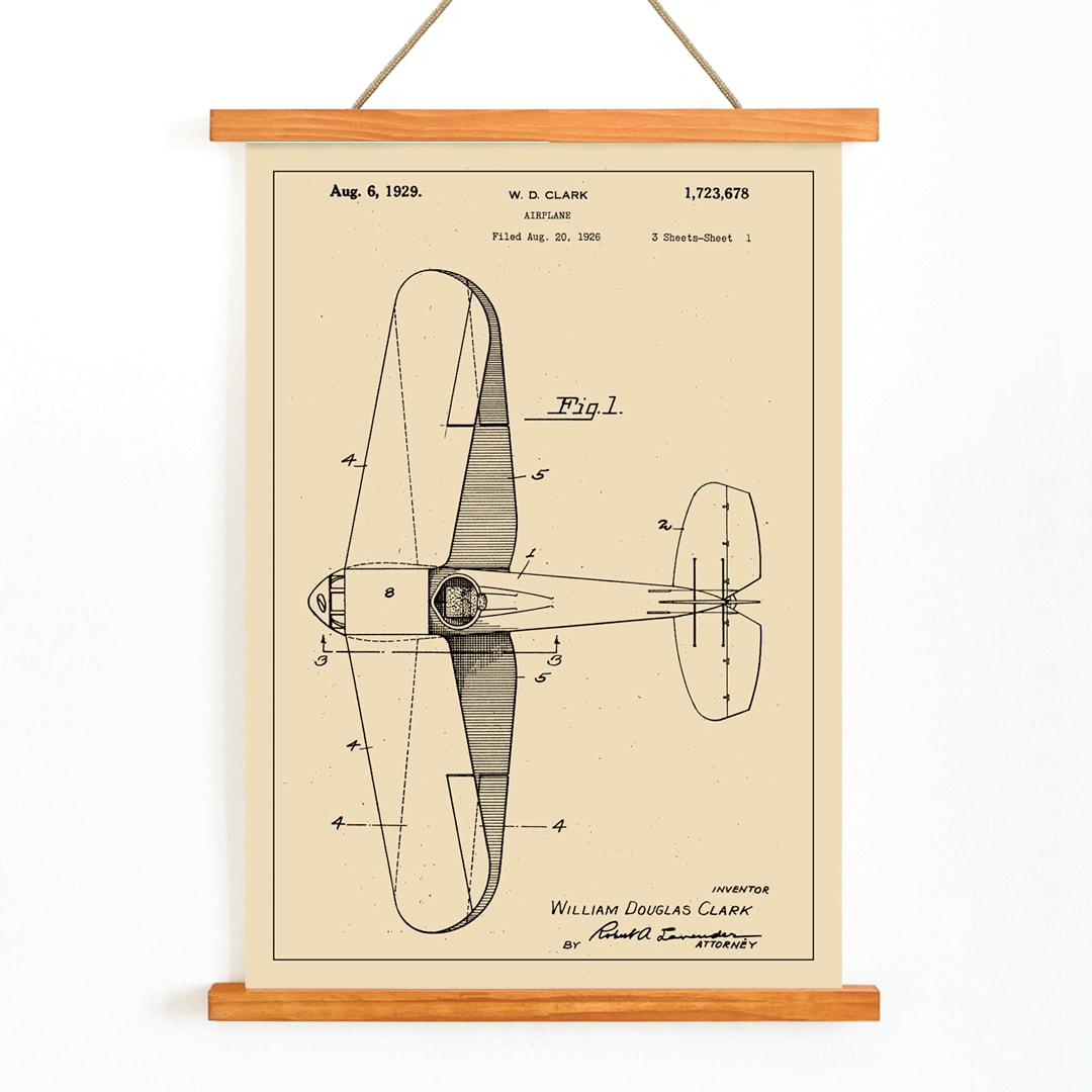 Airplane patent design drawing and detailed blueprint poster by WD Clark with annotated parts and technical specifications, with wooden magnetic frame on white background