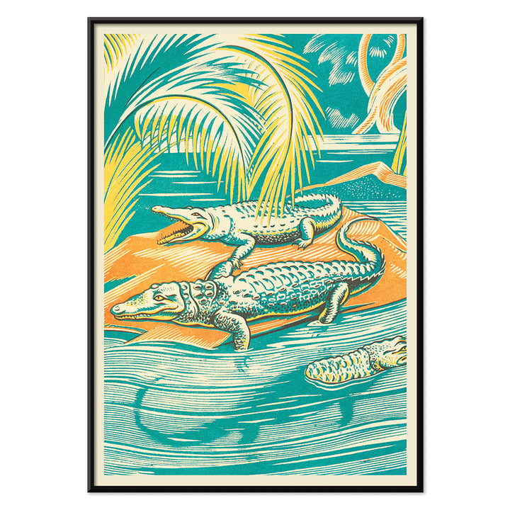 A Jungle Picnic Pl.03 Crocodile by Clifford Webb vibrant jungle artwork and poster showing crocodiles resting by a river under palm trees, with black aluminium frame on white background