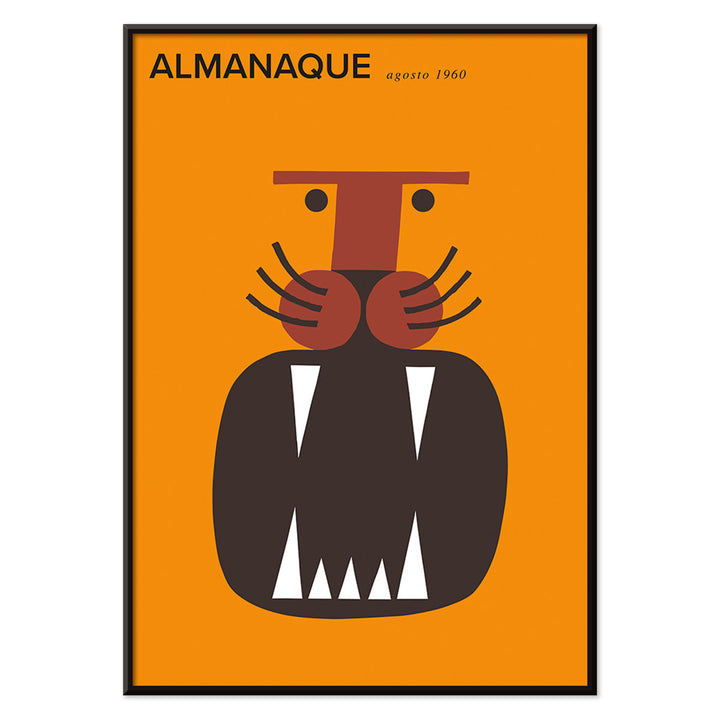 Almanaque magazine cover by Sebastiao Rodrigues with abstract animal and face artwork on orange background, with black aluminium frame on white background